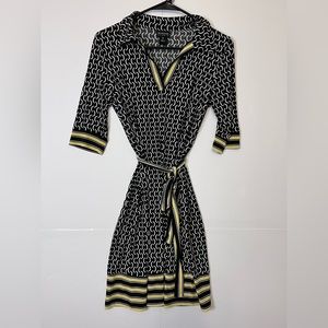 EN FOCUS DRESS PETITE SIZE 6 BLACK/WHITE Geo w Yellow Stripe